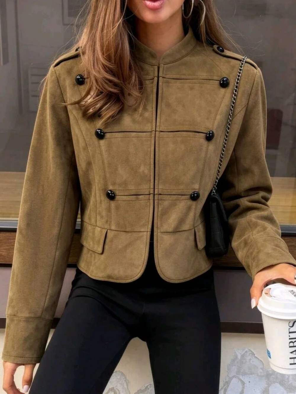 Women's Button-Up Short Jacket, Brown Stand Collar Vintage Style, French Chic